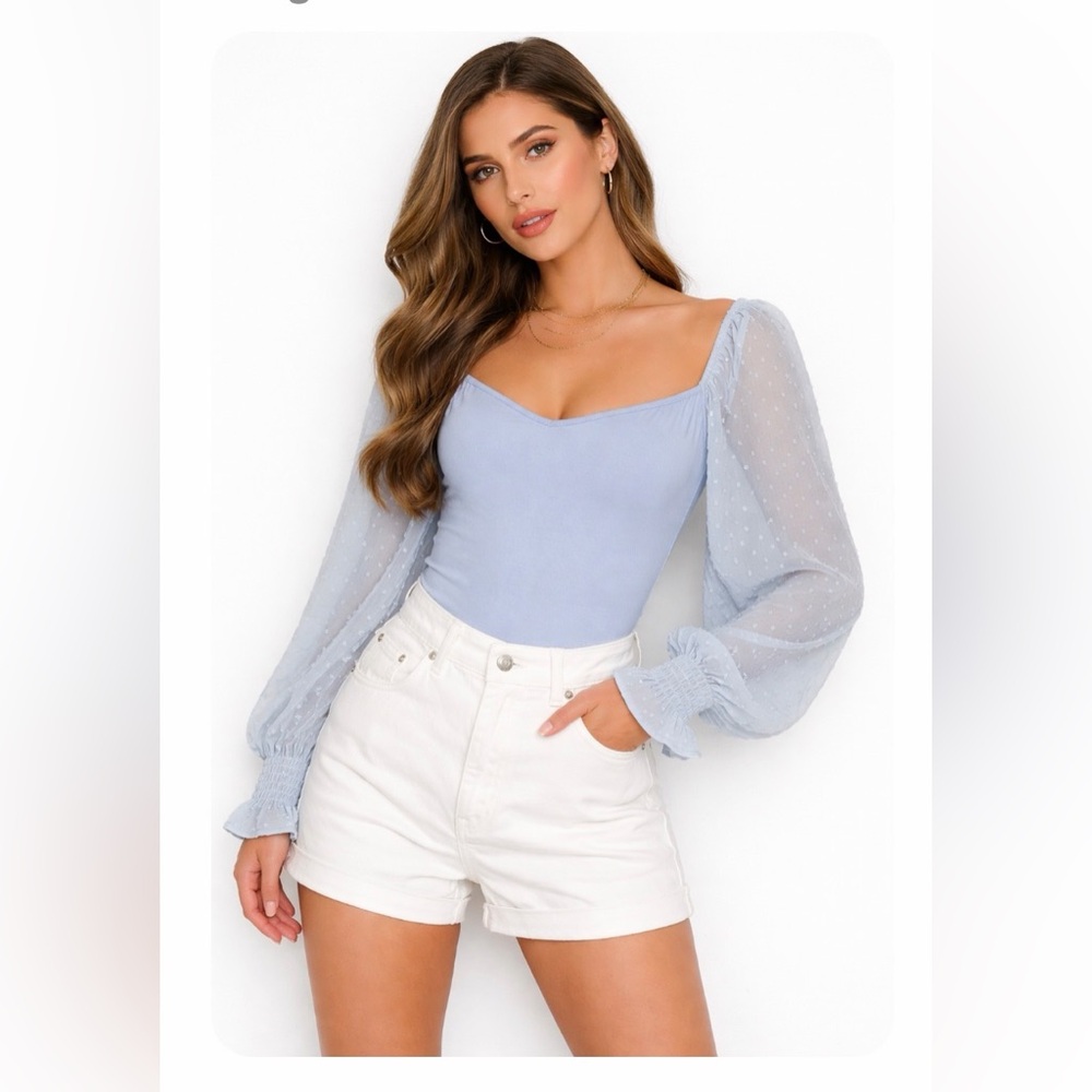 Swiss Dot Puff Sleeve Sweetheart Bodysuit in Light Blue.